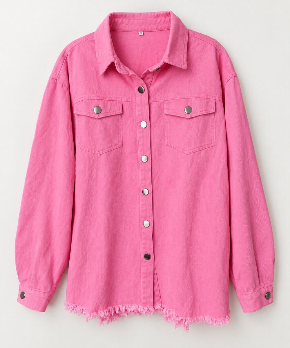 Womens M Hot Pink Denim Shacket Raw Hem Oversized Button Up Shirt Jacket NWOT